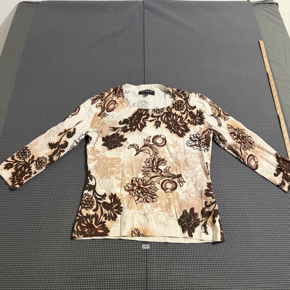 Jones New York Collection Petite Floral Crewneck 3/4 Sleeve Top PM Brown White